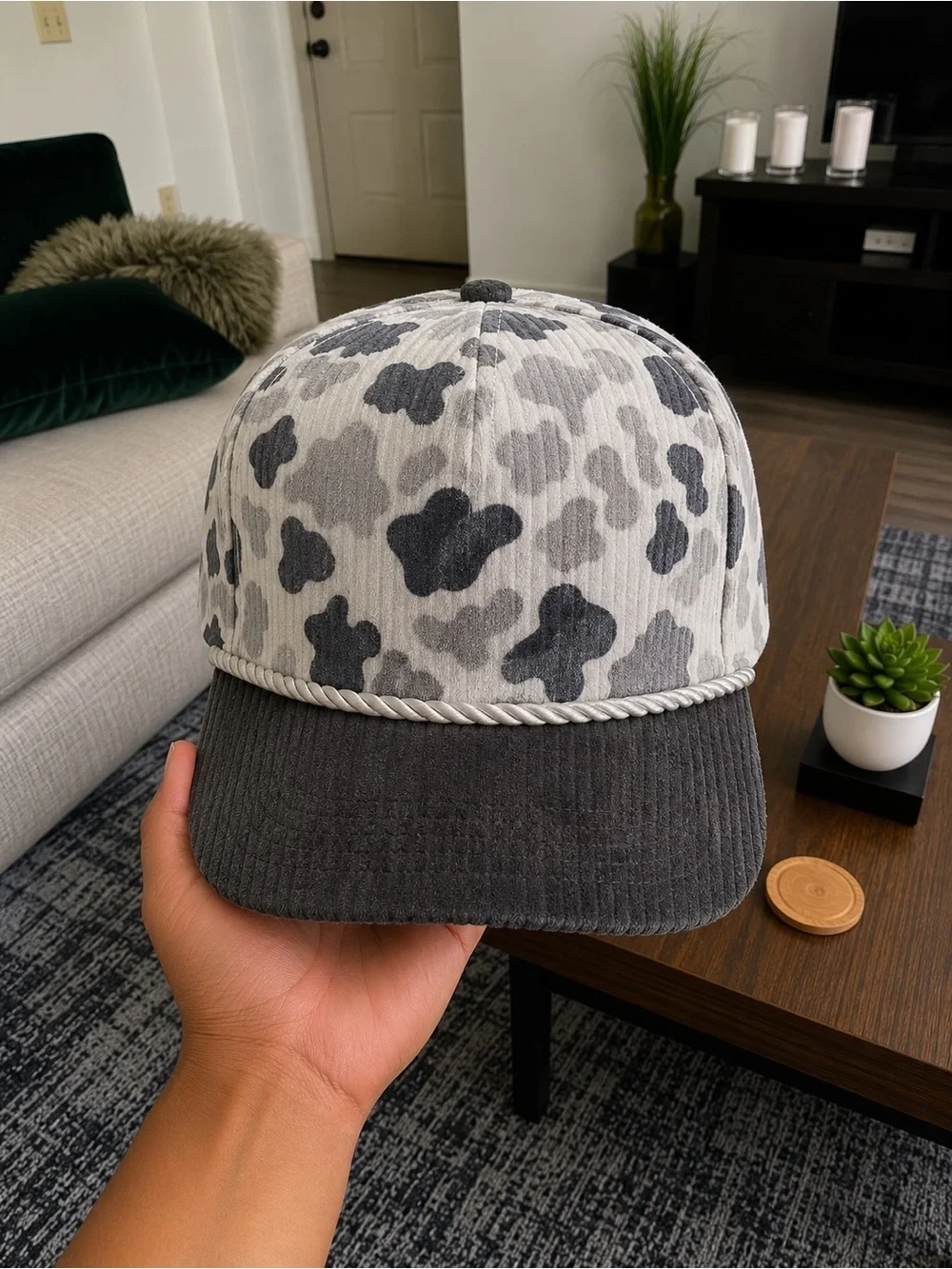 Gray and White Camo Rope-Trim Snapback Hat